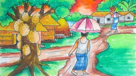 How To Draw Summer Season Scenery Sunny Day Scenery Drawing For