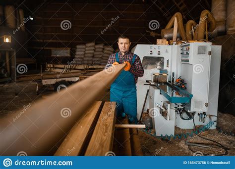 Carpenter Works On Woodworking Machine Lumber Stock Photo Image Of