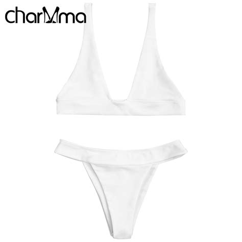 Charmma White Bikini Mujer 2017 Swimwear Women High Cut Plunge Bikini