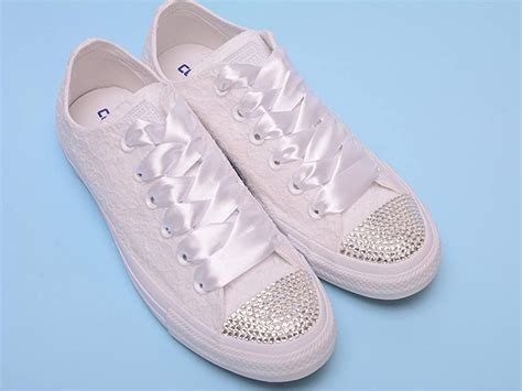 White Bling Sneakers For Bride Lace Crystal Bridal