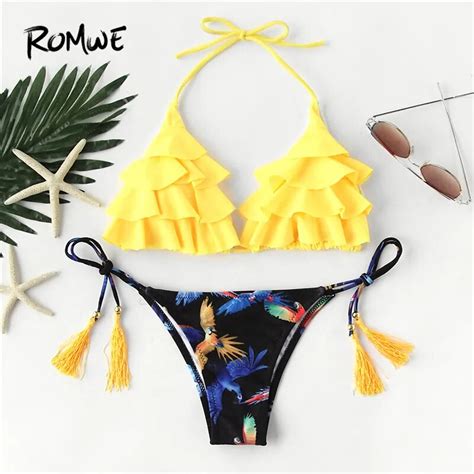 Romwe Sport Cute Bird Print Bikini Set Women Tassel Tie Halter Swimwear Sexy Thong Beach