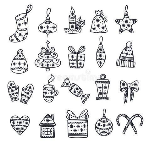 Christmas New Year Cute Doodle Vector Icons Set Stock Vector Illustration Of Candle Decorated