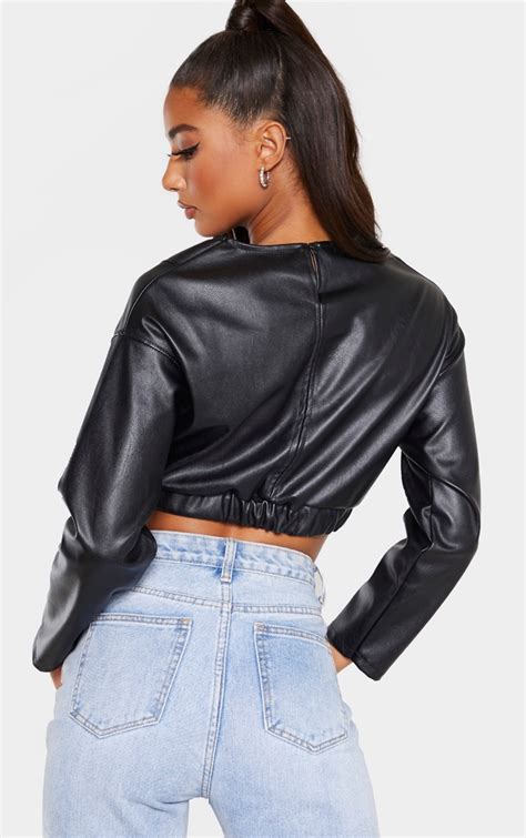 Black Faux Leather Long Sleeve Crop Top Prettylittlething Usa