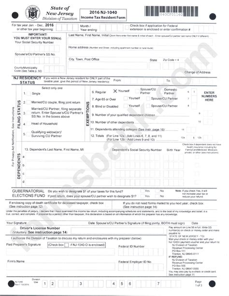 Form Nj 1040 Income Tax Resident Form 2016 Printable Pdf Download