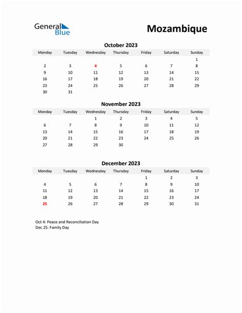 Three Month Calendar For Mozambique Q4 Of 2023