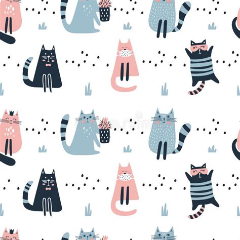 Seamless Pattern With Cute Cat Kids Print Stock Vector Illustration
