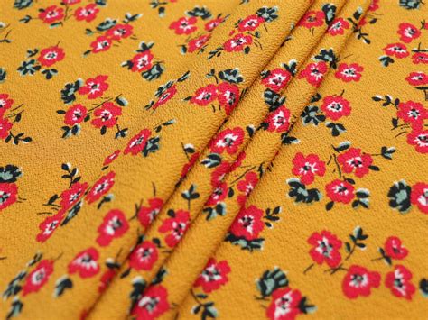 Bubble Crepe Fabric Floral Design Red Green And Mustard Etsy