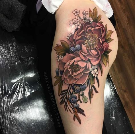 Peonies With Babies Breath And Blueberries Tattooed On The Thigh