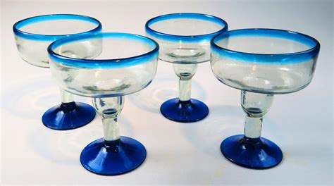 Mexican Margarita Glasses Turquoise Rim 12oz Set Of Four