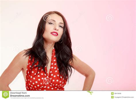 Portrait Pinup Girl Brunette Woman In Retro Red Dress Vintage Stock