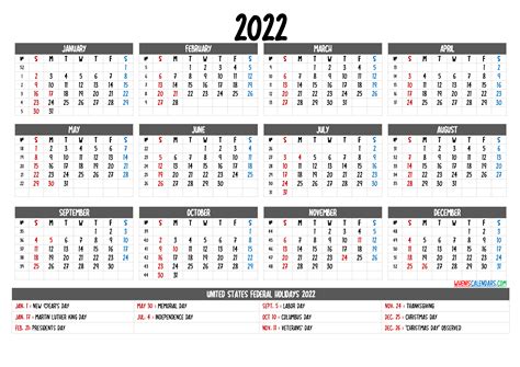Printable 2022 Yearly Calendar With Holidays 12 Templates
