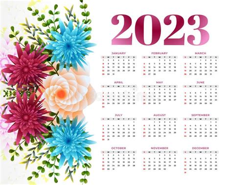 2023 New Year Calendar With Flower Decoration Design Stock Vector