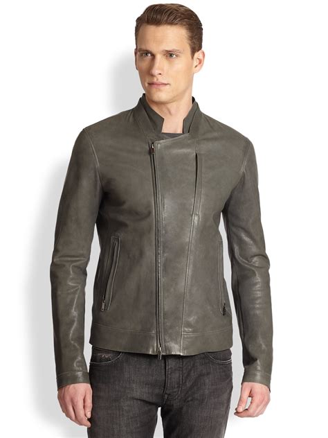 Emporio Armani Asymmetrical Leather Jacket In Gray For Men Lyst