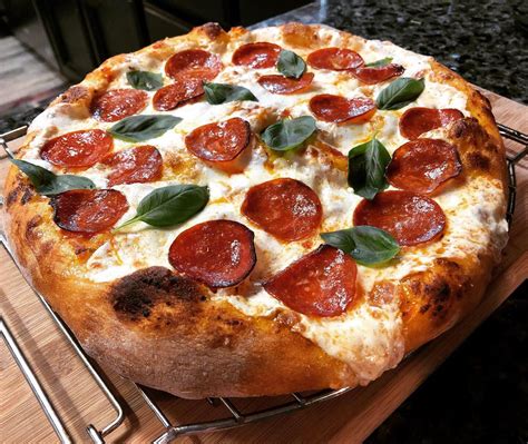 Homemade Pepperoni Pizza With A Little Fresh Basil R Pizza