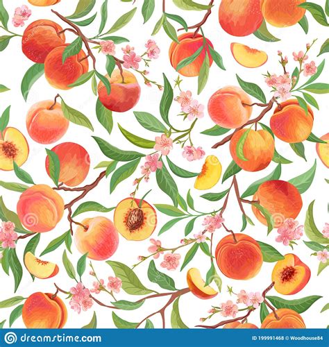 Seamless Peach Pattern With Tropic Fruits Leaves Flowers Background