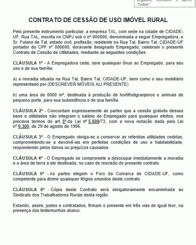 Modelo De Contrato De Cessão De Uso Imóvel Rural