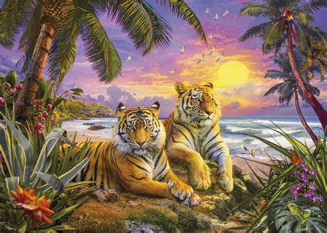 Tropical Sunset Tigers Elegant Fotobehang Photowall