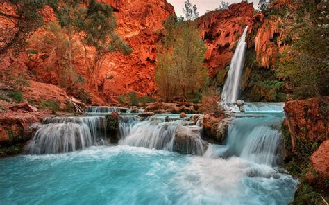 Nature Landscape Waterfall Red Rock Arizona Trees Pond Cliff Blue Picnic Erosion Wallpaper And