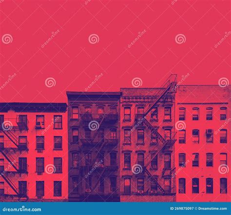 Row Of Old Apartment Buildings In New York City With Empty Sky