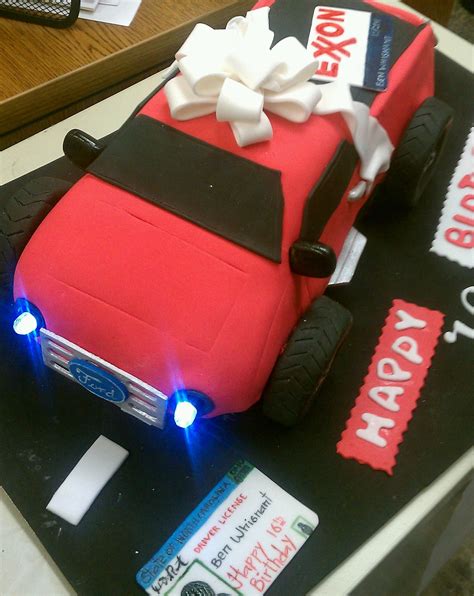 The cake was worth buying, thank you so much giftalove for this lovely cake. Ben turns 16 and can drive. Cake has real working headlights. Edible drivers license & bow | Boy ...