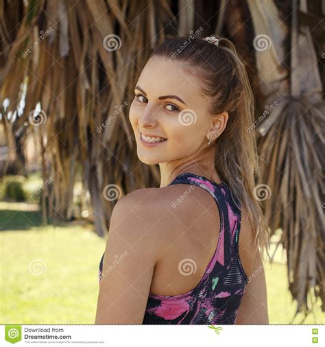 Beautiful Sporty Girl Turn Back And Smile On The Beach Stock Photo Image Of Sporty Nice