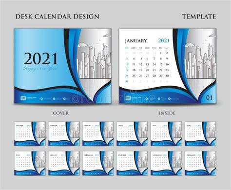 Desk Calendar 2021 Template Set Cover Design Blue Wave Background