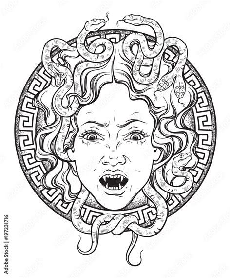 Vetor De Medusa Gorgon Head On A Shield Hand Drawn Line Art And Dot