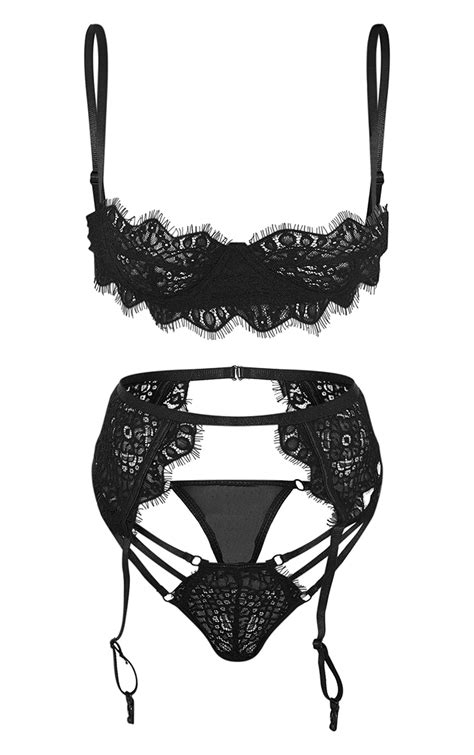 Black Eyelash Lace Underwired 3 Piece Lingerie Set Prettylittlething