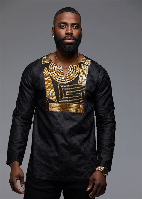 Dakari Mens African Print Long Sleeve Trad Shirt Black Brown