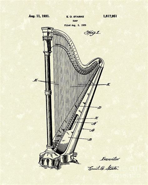 Harp 1931 Patent Art Drawing By Prior Art Design Fine Art America