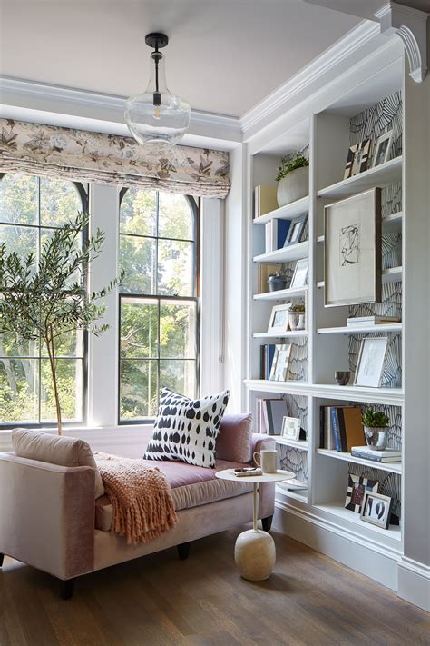 Cozy Reading Corner with Chaise Lounge, Art and Wallpapered Bookshelves