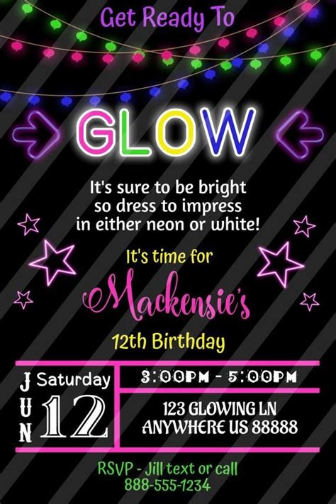 Editable Glow Birthday Invitation Neon Birthday Party Teens Etsy
