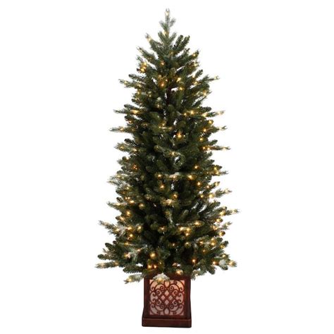 5 ft pre lit potted traditional flocked artificial christmas tree with 300 constant warm white