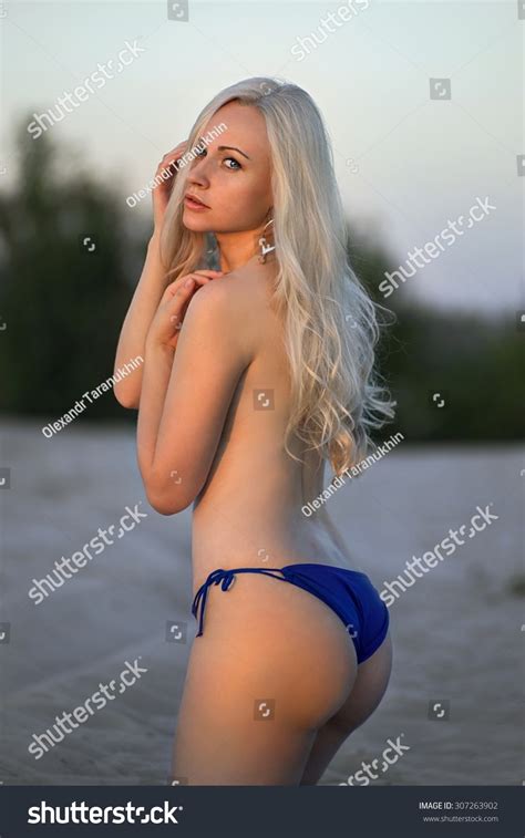 Beautiful Topless Woman Desert Blue Bikini Stock Photo