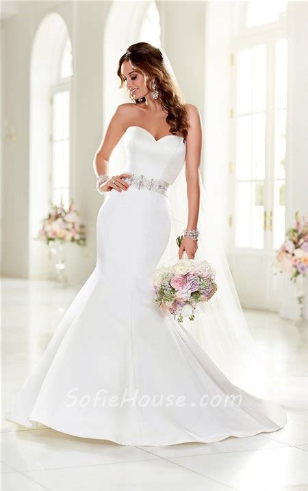 Fit And Flare Strapless Satin Wedding Dress With Crystals Sash Buttons