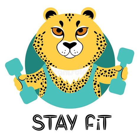 Vector Illustration Of A Cute Cartoon Cheetah With Dumbbells And Slogan