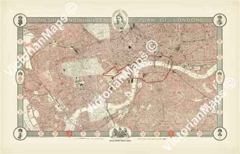 Victorian London Antique Historical Plan Map Queen Jubilee 1897 Art