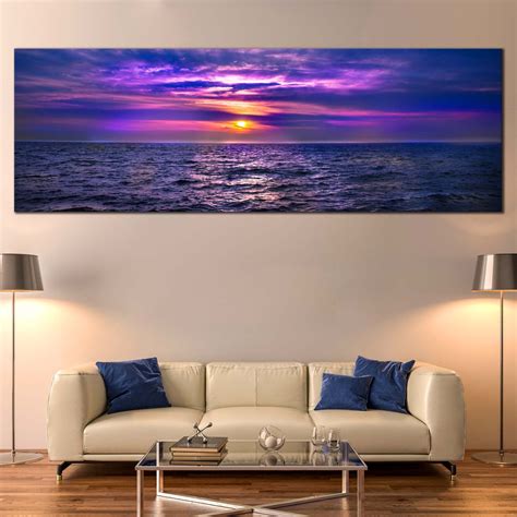 Dramatic Sea Canvas Wall Art Purple Ocean Sky Panorama Canvas Blue