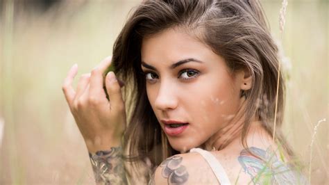 Download Wallpaper Summer Grass Look Girl Model Brunette Tattoo Meadow Section Girls In