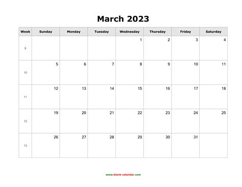 Download March 2023 Blank Calendar Horizontal