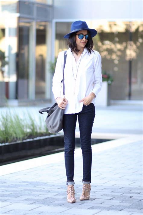 Blue Skinny Jeans White Button Down Shirt Blue Wool Fedora And