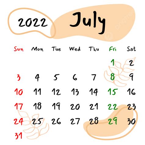Gambar Kalender Bulanan Vektor Juli 2022 Estetika Kalender Bulanan