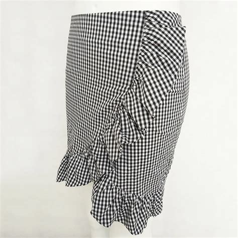 Ubetoku Women Ruffles Plaid Strip Skirts Lady Elegant Asymmetrical High Waist Back Zipper Retro