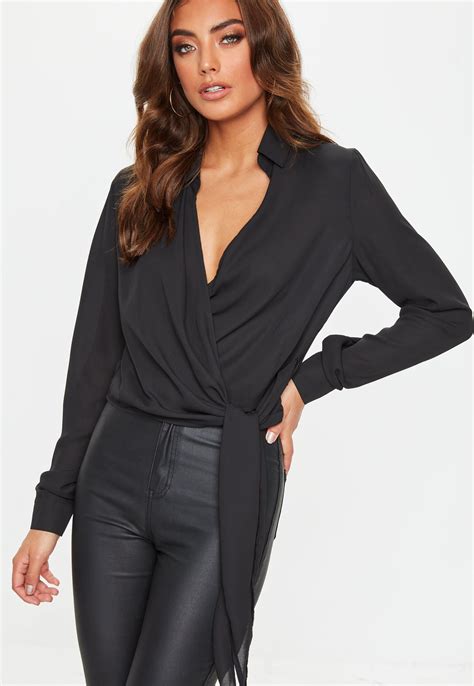 Black Wrap Over Tie Side Blouse Black Missguided Tops Tops