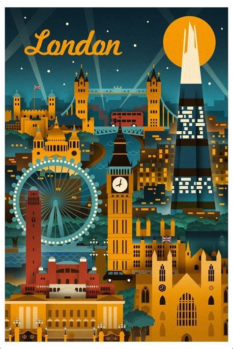 London England Retro Skyline 12x18 Art Print Travel Poster Wall