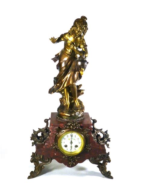 1900s Large French Figural Clock With Woman Holding Water Bucket Red
