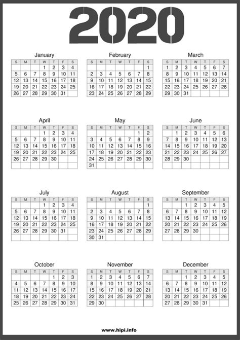 2020 Calendar Template Printable 2020 Calendar Free Template Hipi