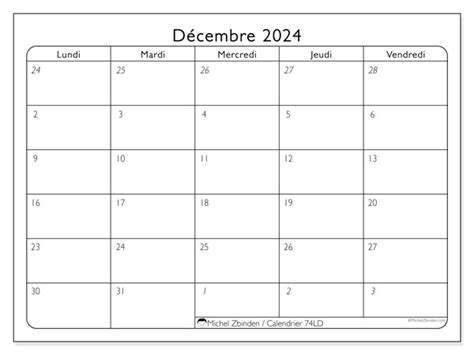 Calendriers Décembre 2024 Michel Zbinden Ch
