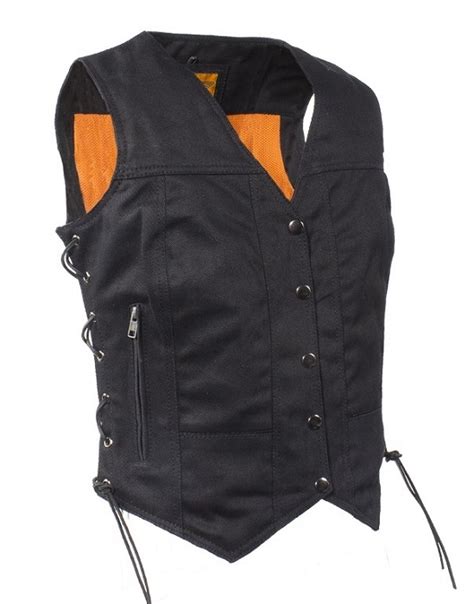 Mens denim motorcycle vest made of 100% cotton denim in optional blue or black colors with conceal carry, gun pocket, soa style, side lace, and collar or no collar options for clubs, bikers. Womens Denim Motorcycle Vest with Gun Pockets