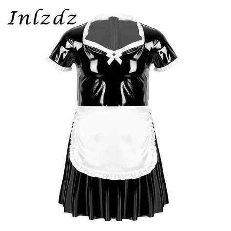 new mens male sissy maid dress cosplay costume clubwear puff sleeve wetlook latex maid servant